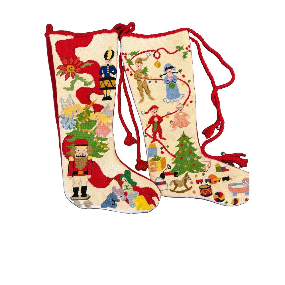 Two Vintage Needlepoint Christmas Large Stockings Classic Cottage Core Toys Tree